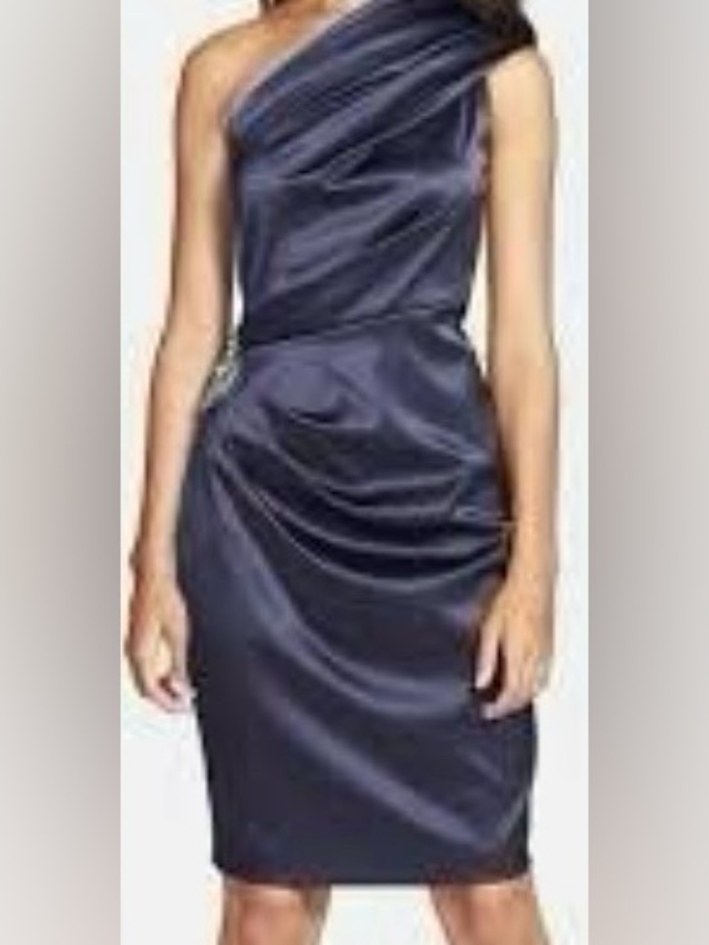 Eliza- J One-Shoulder Navy Satin Sheath Dress with side embellishment